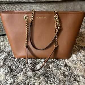 Michael Kors Brown and Gold Leather Tote with Chain Detail